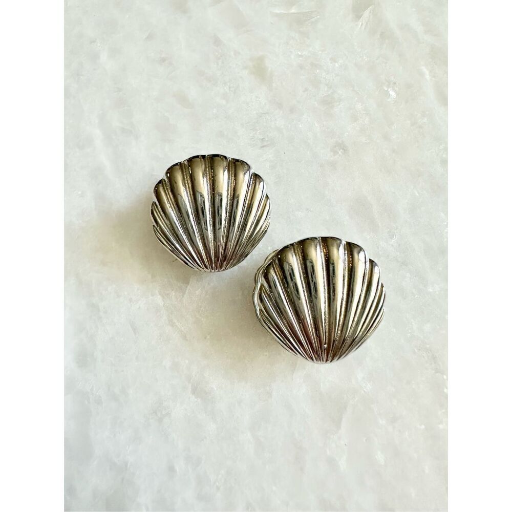 Silver clam seashell front and back earrings